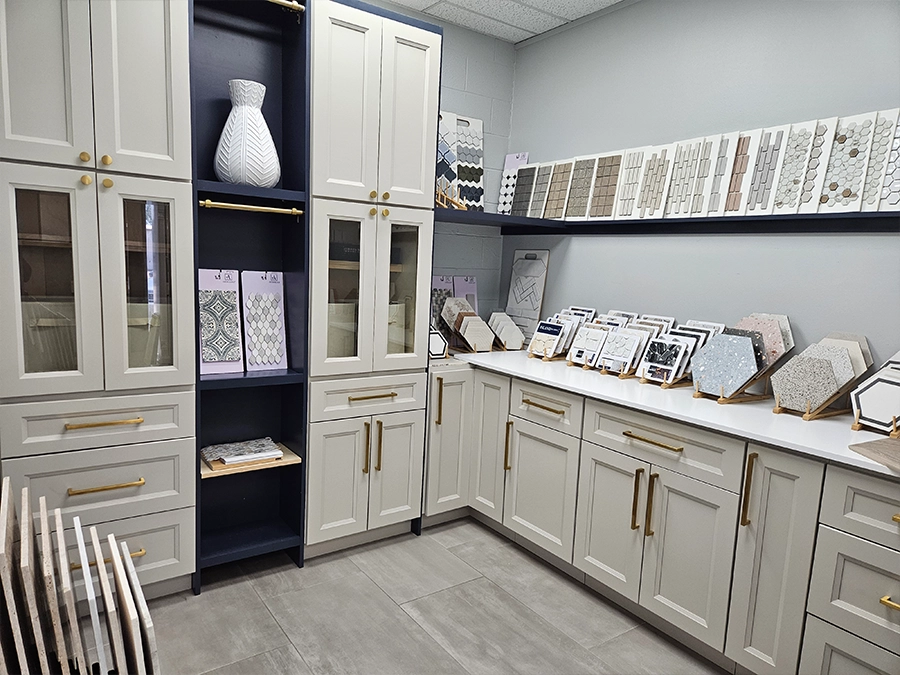Tile, cabinet and countertop samples in the Unique BKB material library